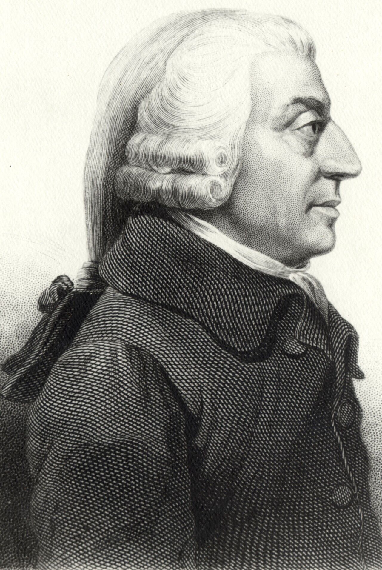 Engraving of a man in profile with a curled, tied-back wig and a high-collared coat