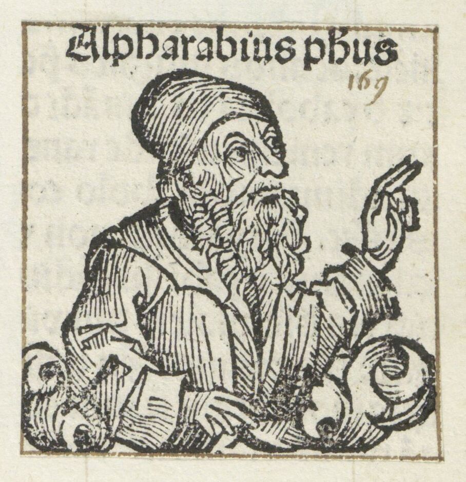 Woodcut of a bearded man in a cap raising one hand, labelled “Alpharabius phus”