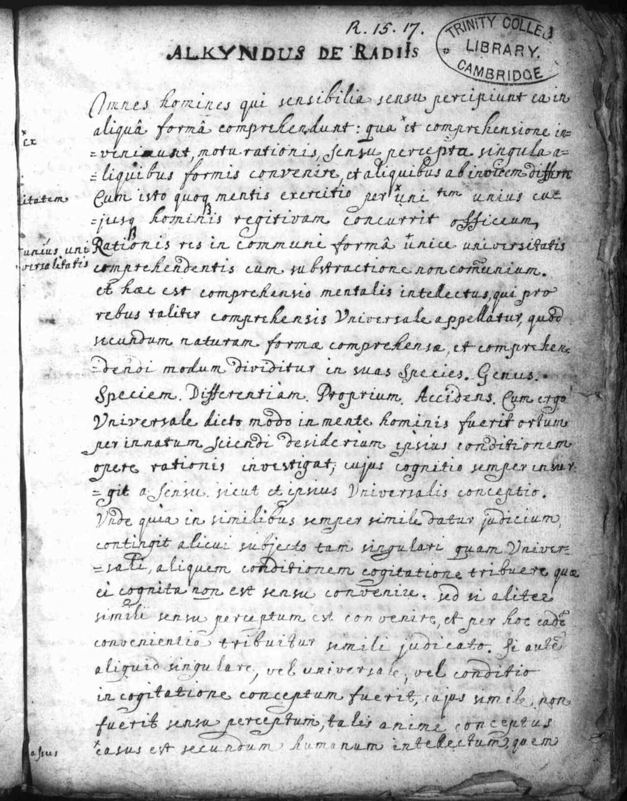 Handwritten page of a Latin manuscript headed “Alkyndus de radiis”