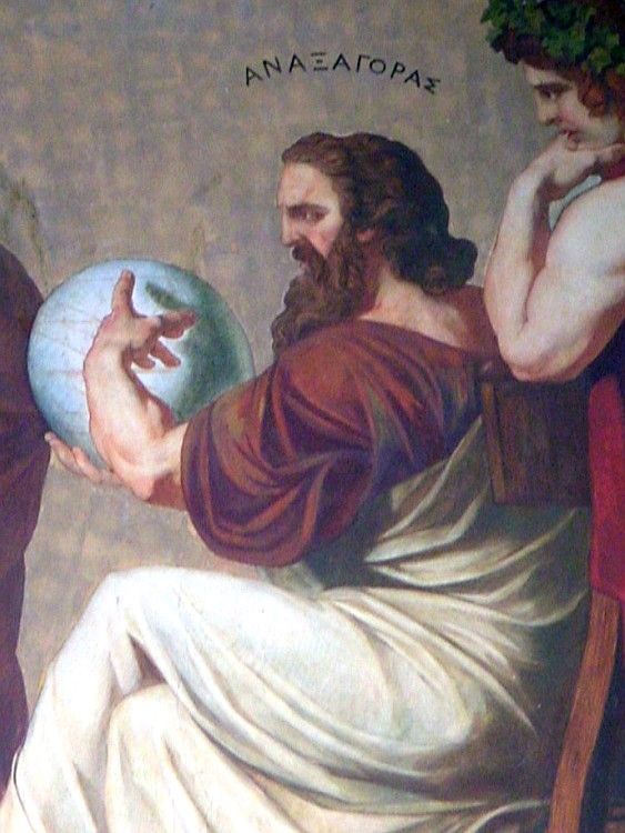Painting of a bearded man in a red and white robe, studying a globe held in one hand