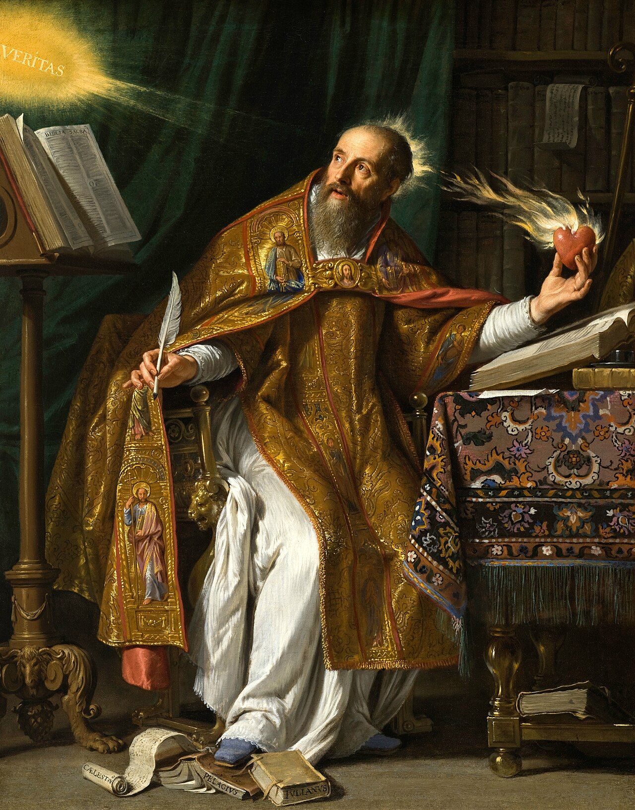 Painting of a bishop in gold vestments writing at a desk, gazing up at a radiant light
