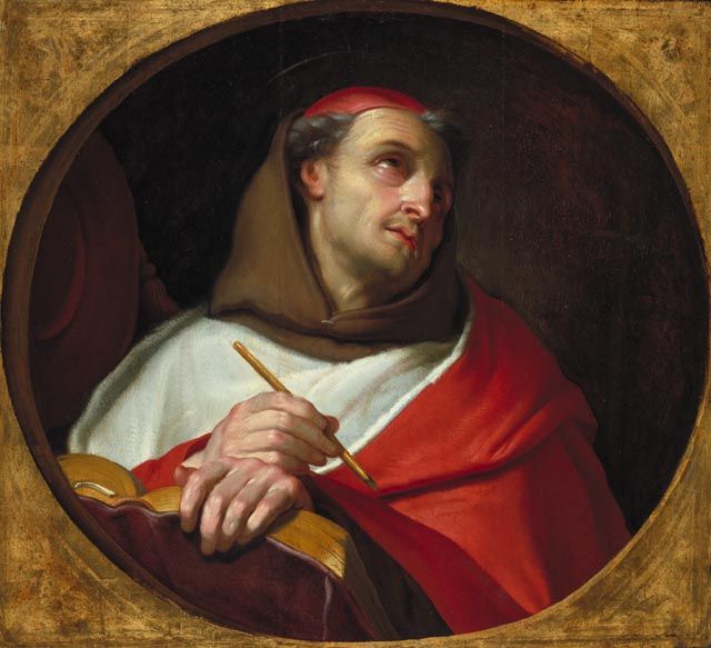 Painting of a friar in a brown hood and red cardinal's cape, looking upwards, pen in hand over a book