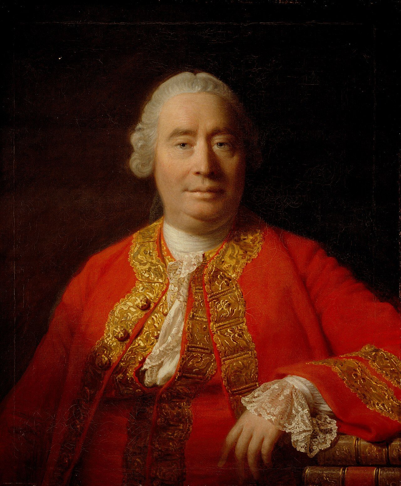 Portrait of a heavy-set man in a red coat trimmed with gold braid