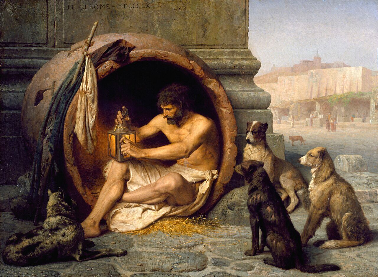 Painting of a bearded man sitting inside a huge clay jar, lighting a lantern, with four dogs around him