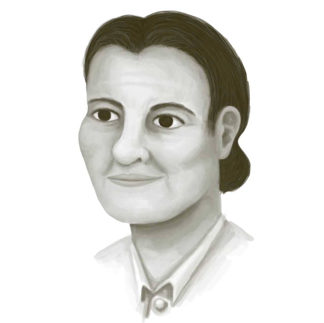 Drawn portrait of a woman with dark hair pulled back, in an open-collared shirt