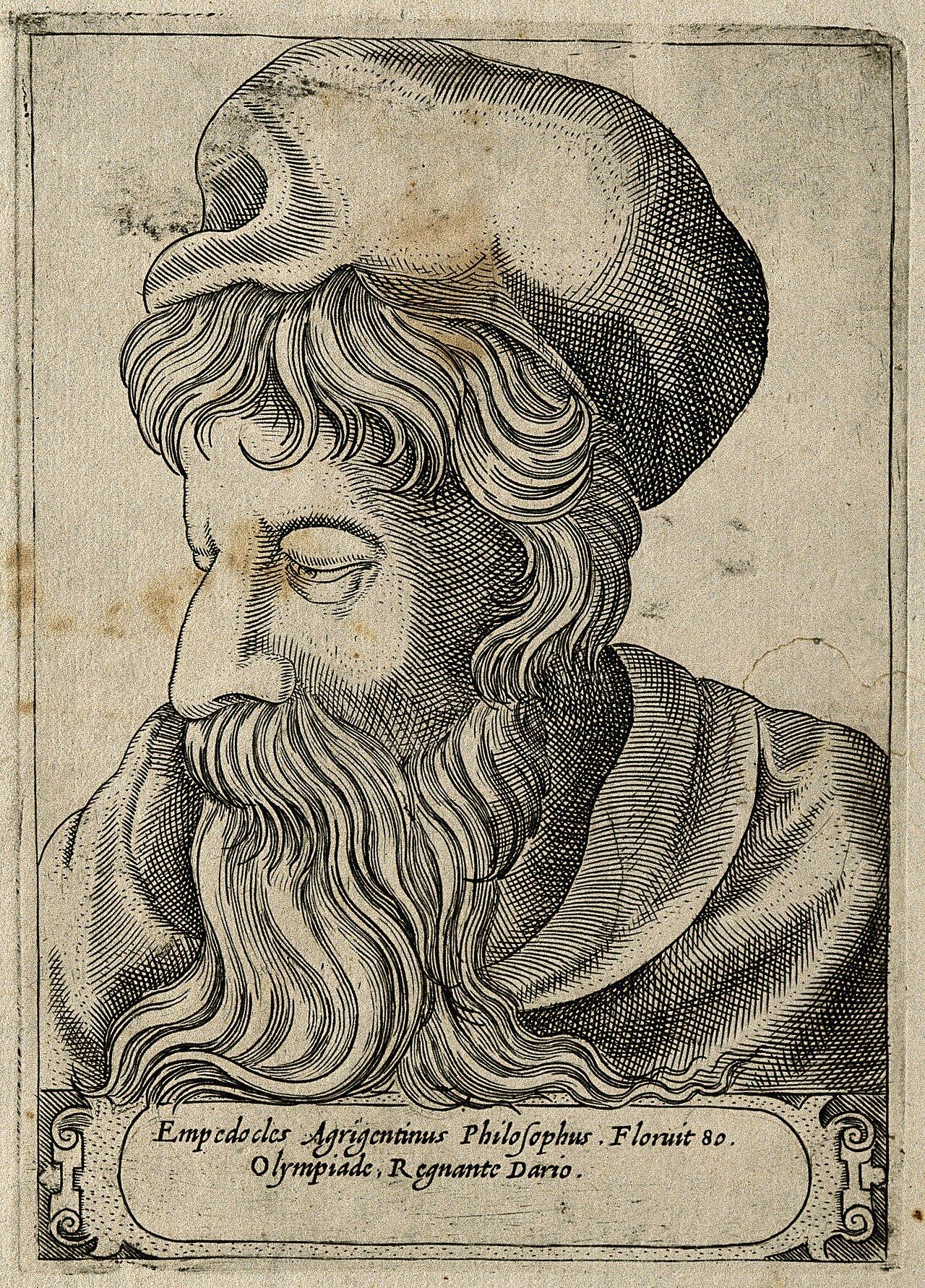 Engraving of a man with long wavy hair and a long beard, wearing a soft cap