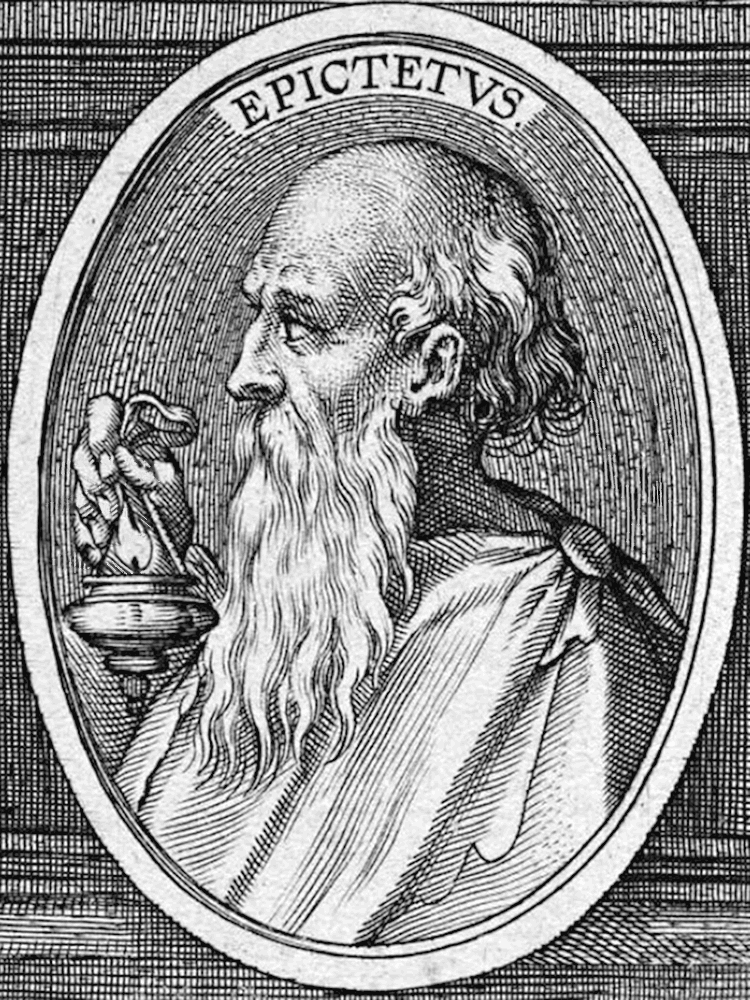 Engraved profile of an old man with a long beard in an oval frame inscribed EPICTETUS