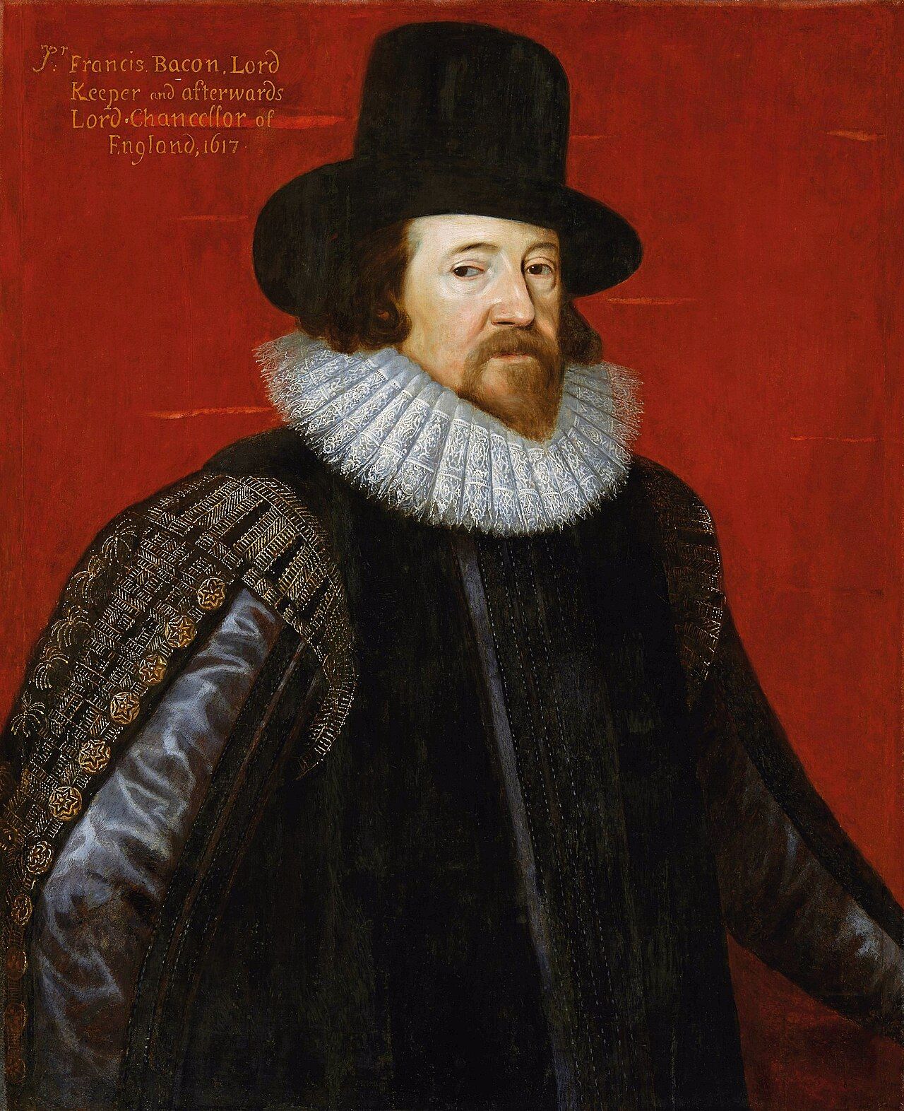Painted portrait of a bearded man in a tall black hat and a wide lace ruff