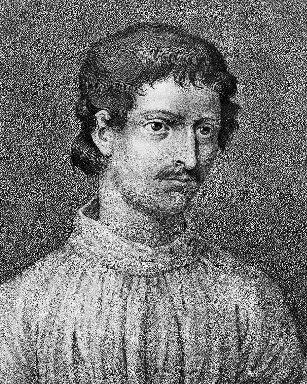 Engraving of a young man with a moustache and curly hair to the collar, in a loose high-necked robe