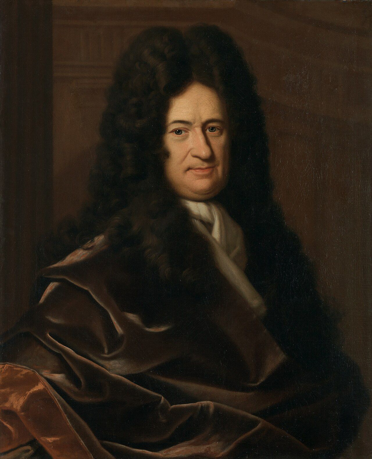 Portrait of a man in a large dark curled wig and a brown velvet cloak