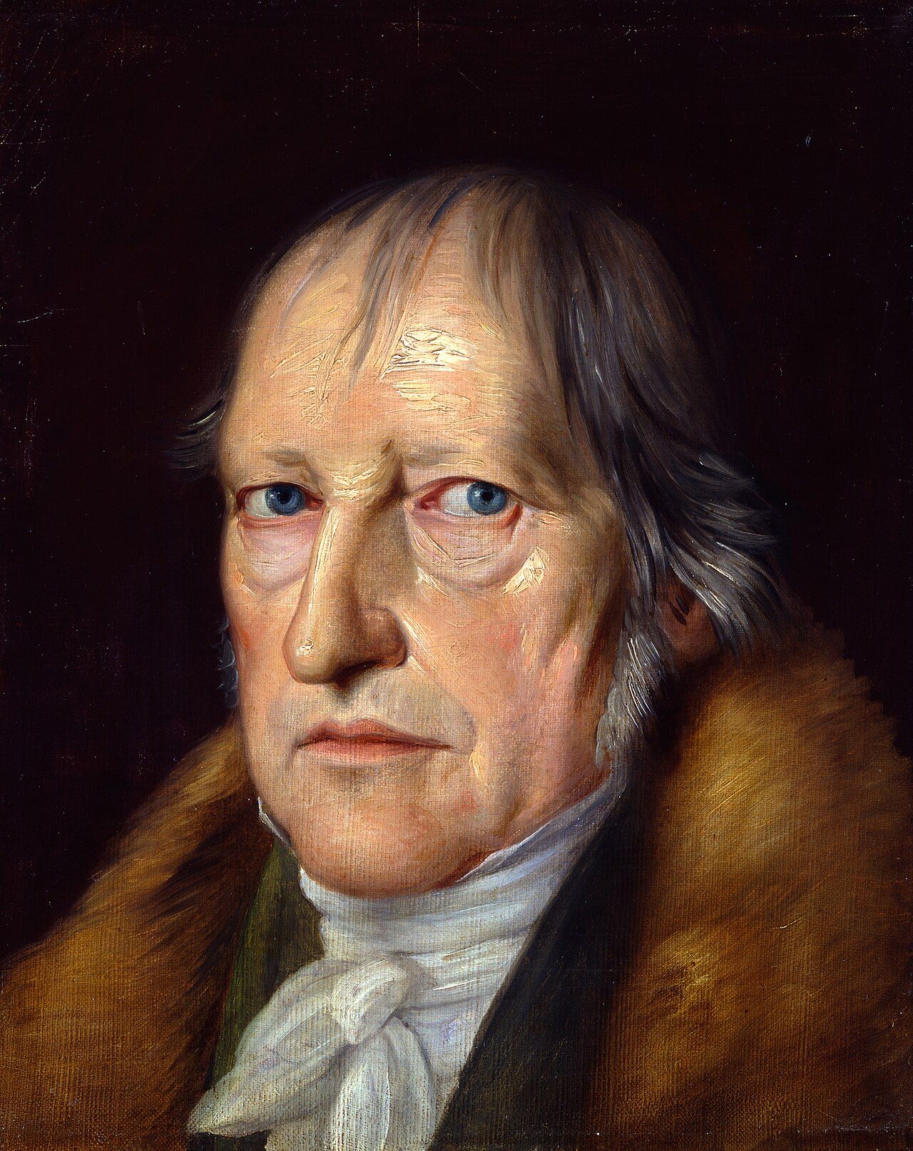 Portrait of an older man with grey hair and a fur-trimmed coat, looking sternly at the viewer
