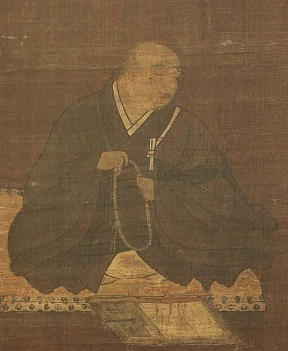 Painted portrait of an elderly monk in dark robes, seated and holding prayer beads