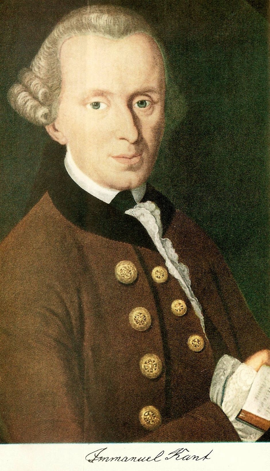 Portrait of a man in a powdered wig and a brown coat, holding a book