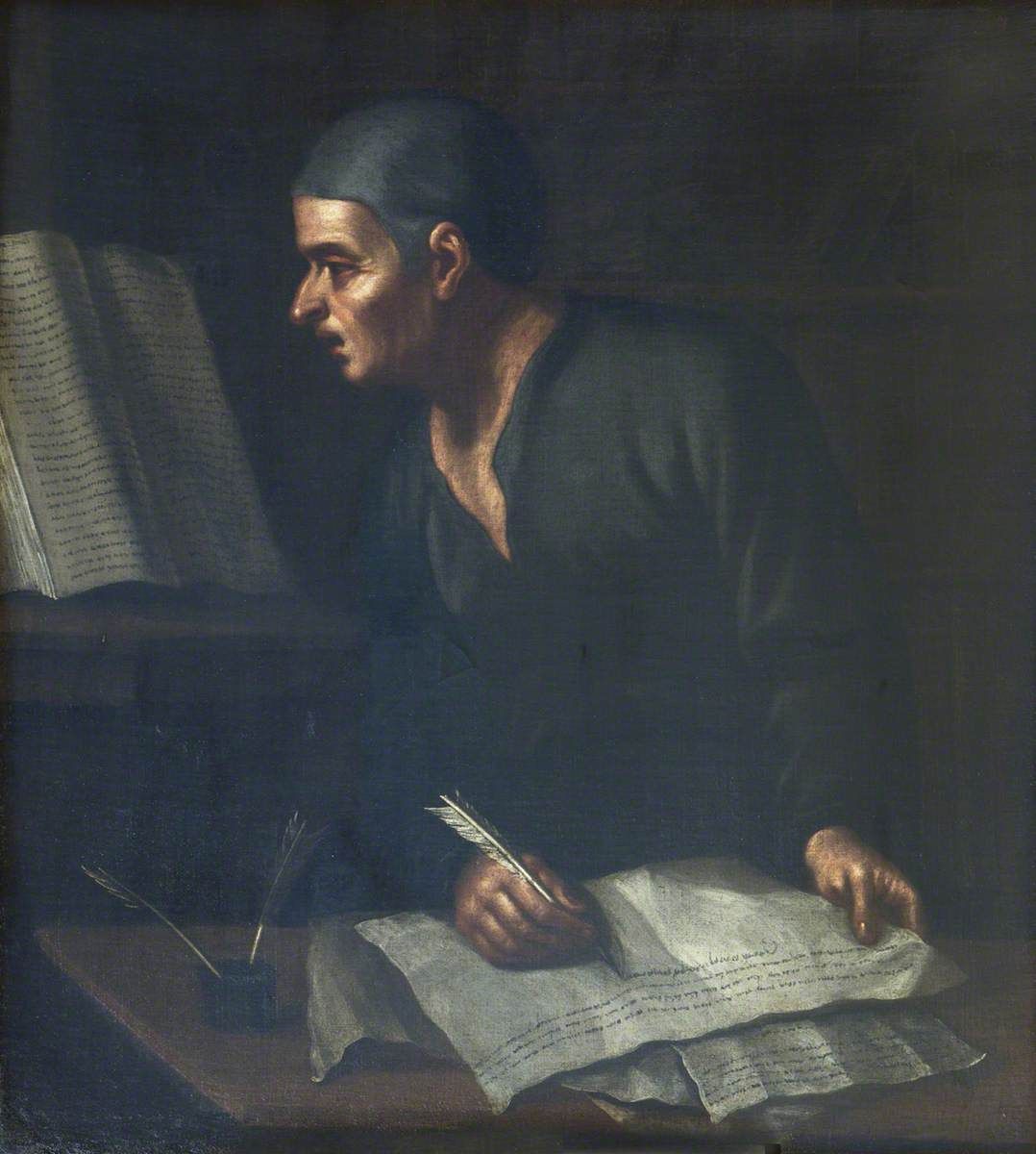 Painting of a man in a dark cap and gown writing at a desk, turned in profile towards an open book