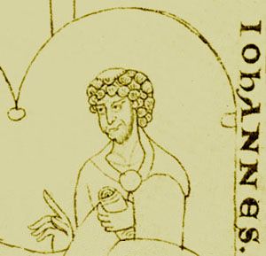 Ink drawing of a curly-haired, bearded man raising one hand, labelled IOHANNES