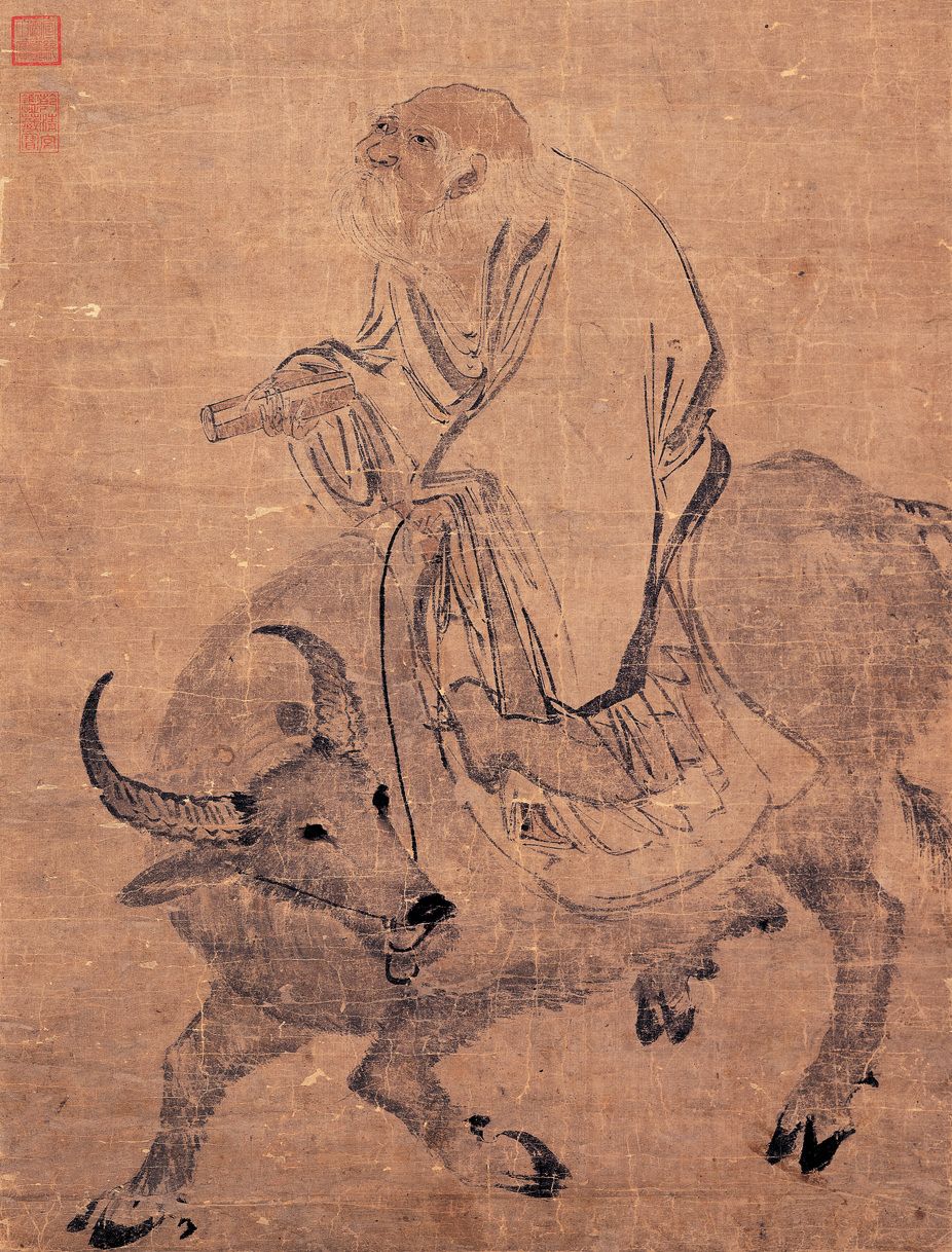 Ink painting of an old man riding a water buffalo