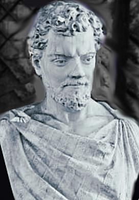 Marble bust of a man with short curly hair and a beard, wearing a toga