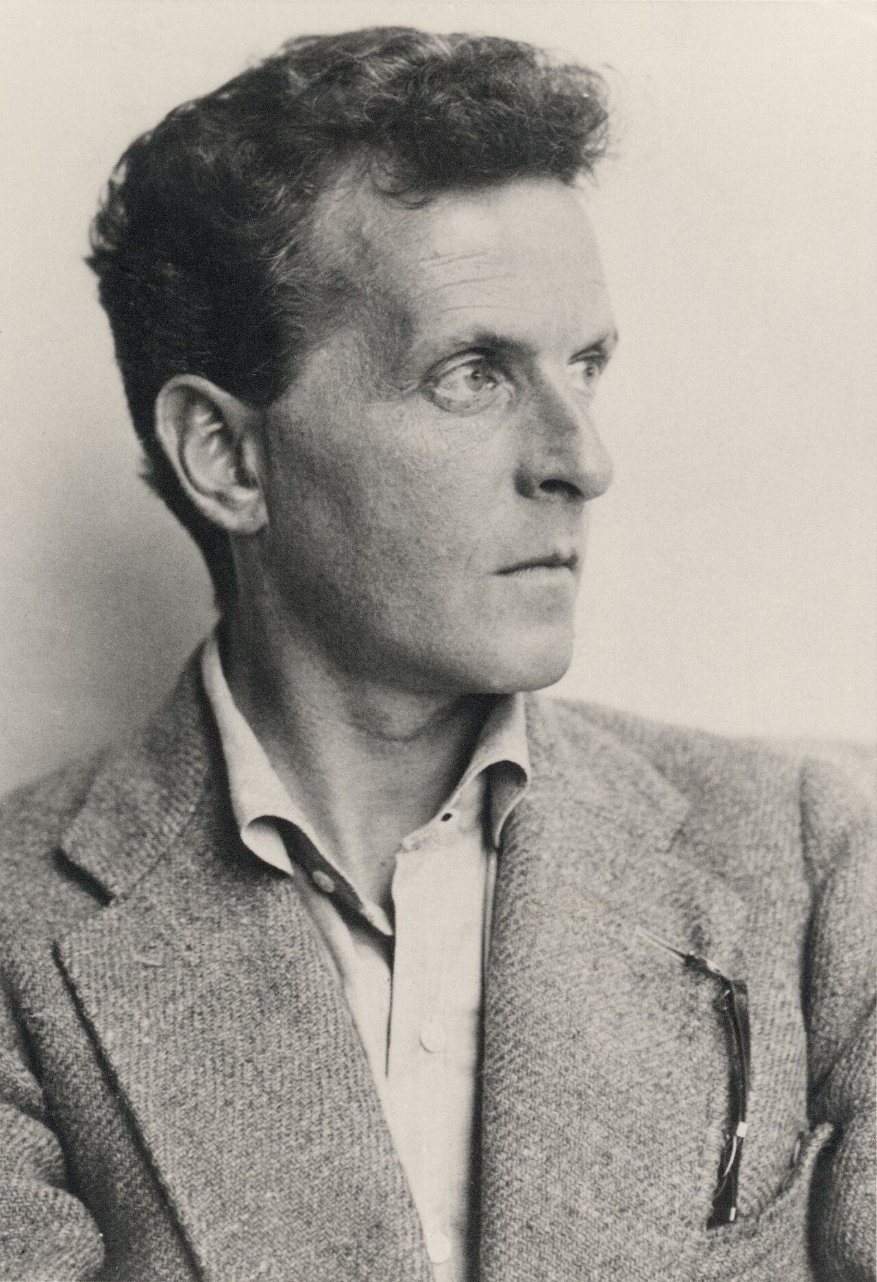 Photograph of a man with thick wavy hair in a tweed jacket and open-necked shirt