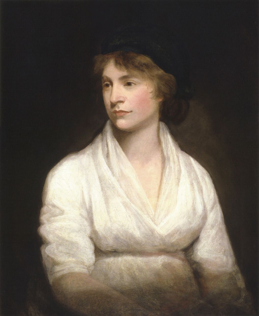 Painted portrait of a woman with brown hair, in a white dress, looking to one side