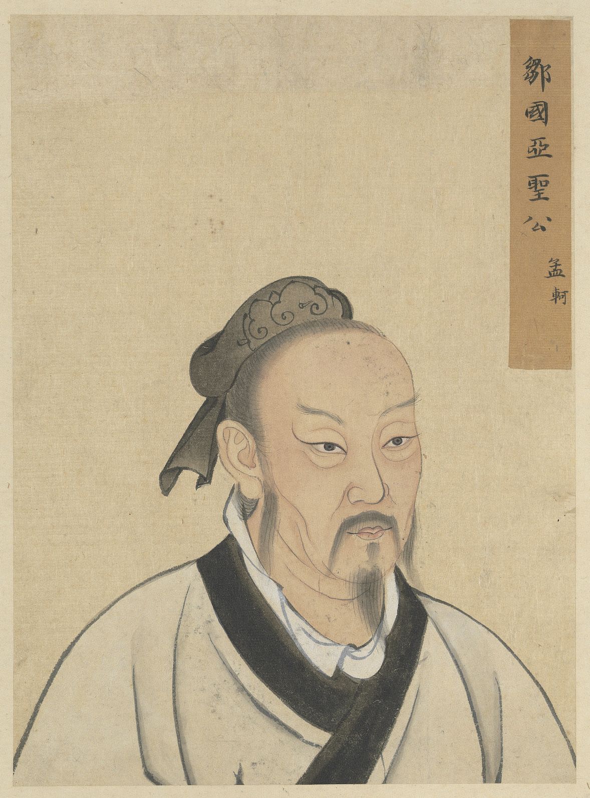 Painted half-length portrait of a bearded man in a white robe and dark cap