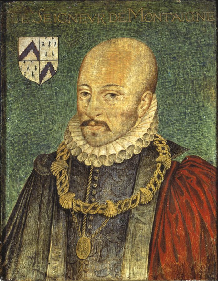 Painted portrait of a balding, bearded man in a white ruff and a heavy gold chain, beside a coat of arms
