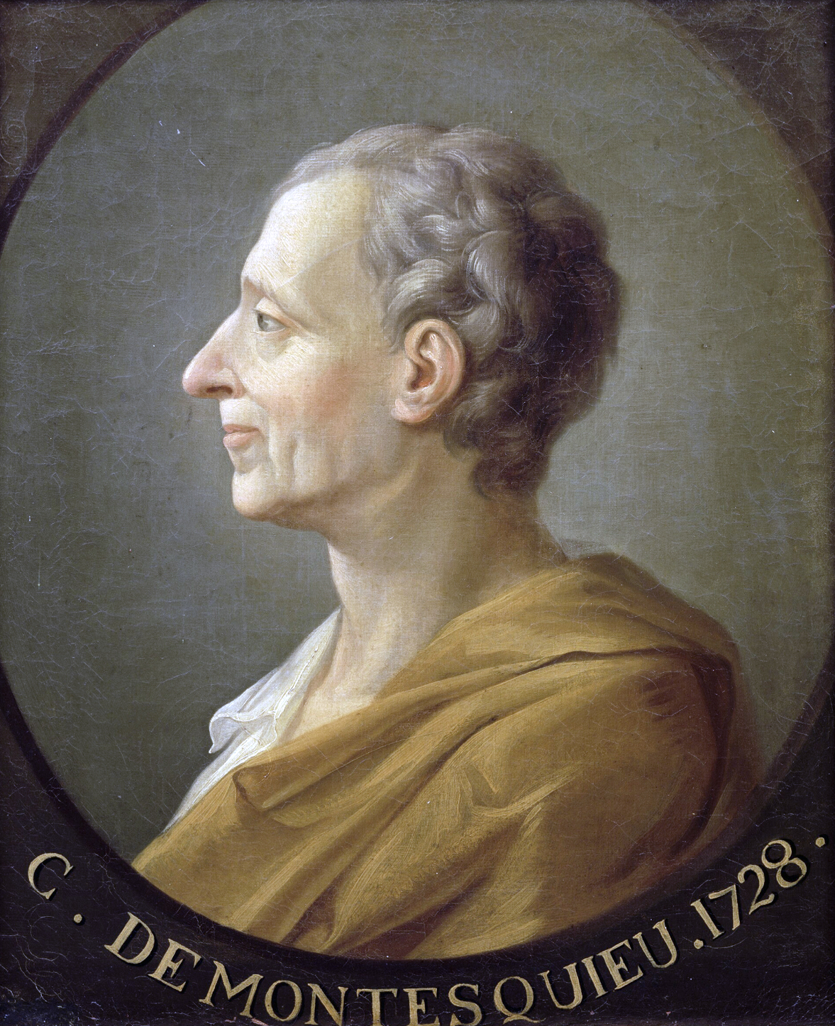 Oval painting of an elderly man in profile, with curly grey hair and a golden-brown drape over his shoulder
