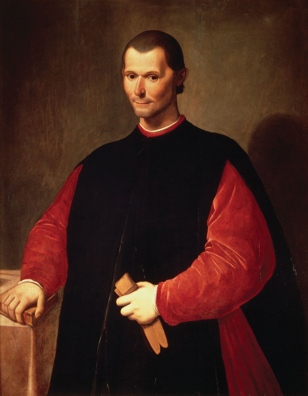 Painted portrait of a thin, clean-shaven man in black and red robes, one hand resting on a table