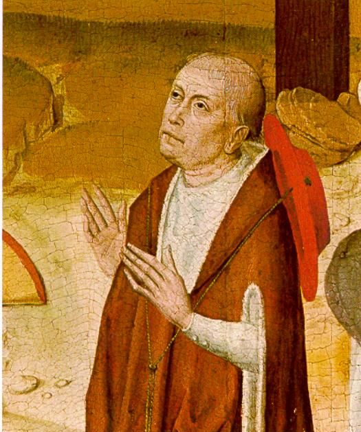 Painting of a balding cardinal in a red cape, hands raised in prayer, a red hat behind him