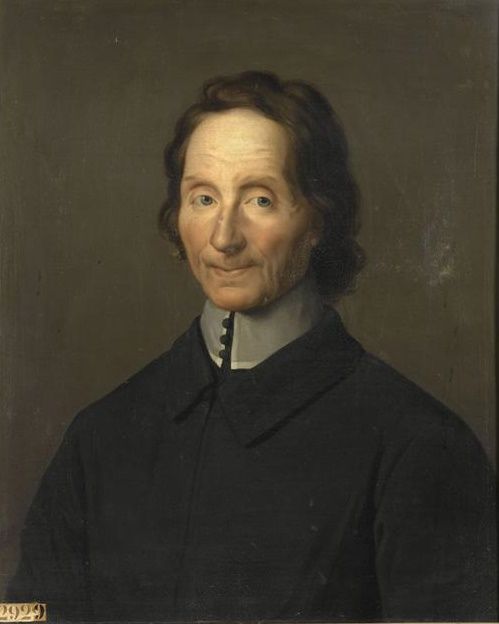 Painting of a thin-faced, smiling man with shoulder-length hair, in a black cassock with a white collar