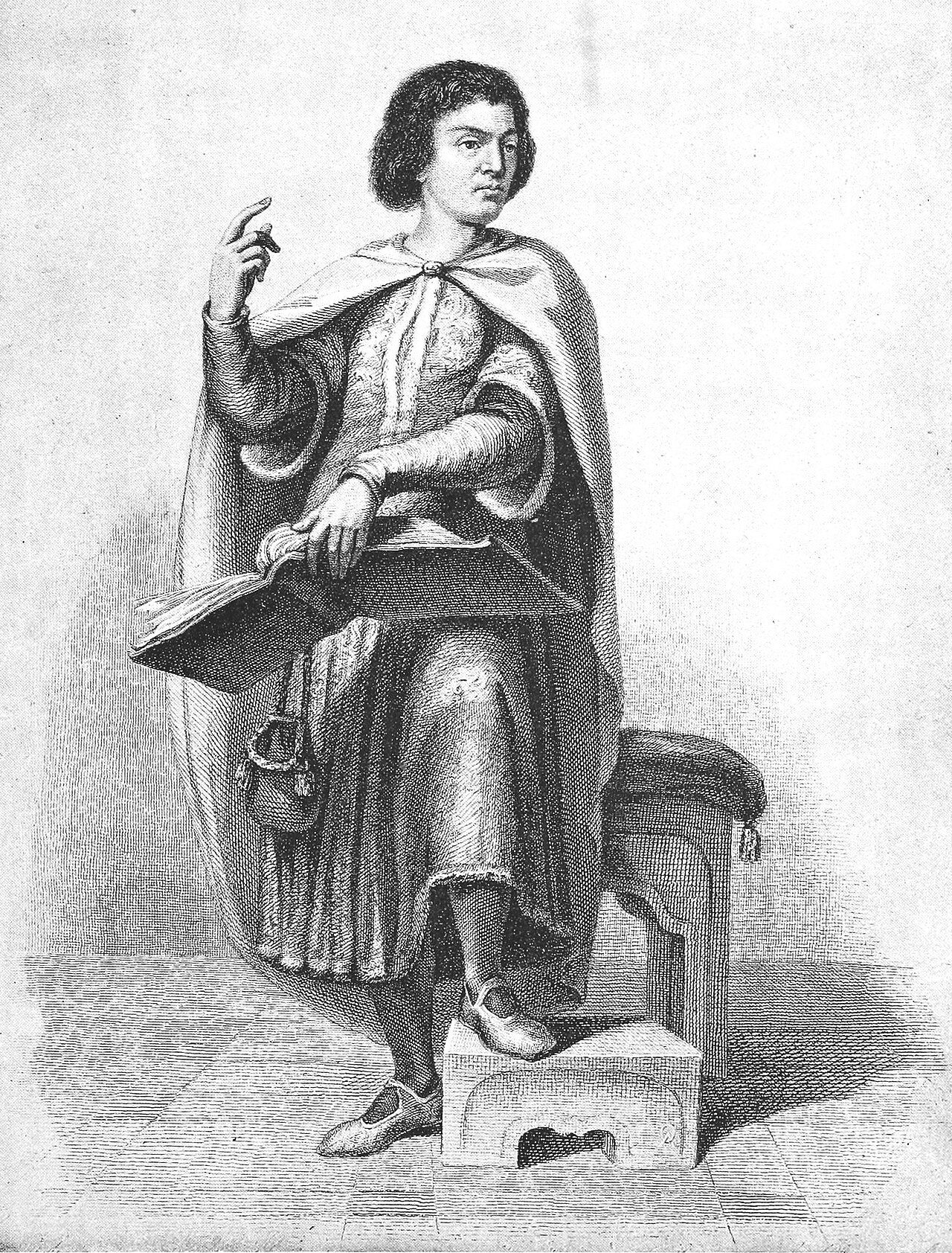 Engraving of a young man with curly hair in a long cloak, standing beside a book and raising one hand