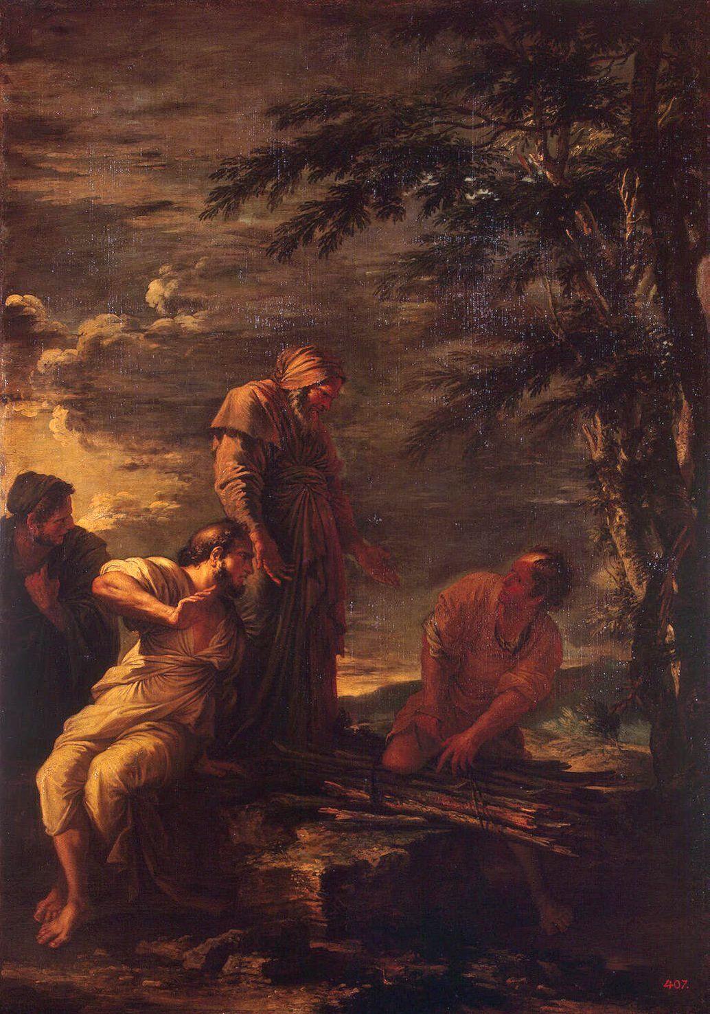 Dark painting of a man in rough clothes kneeling to tie a bundle of firewood, watched by an old bearded man and others