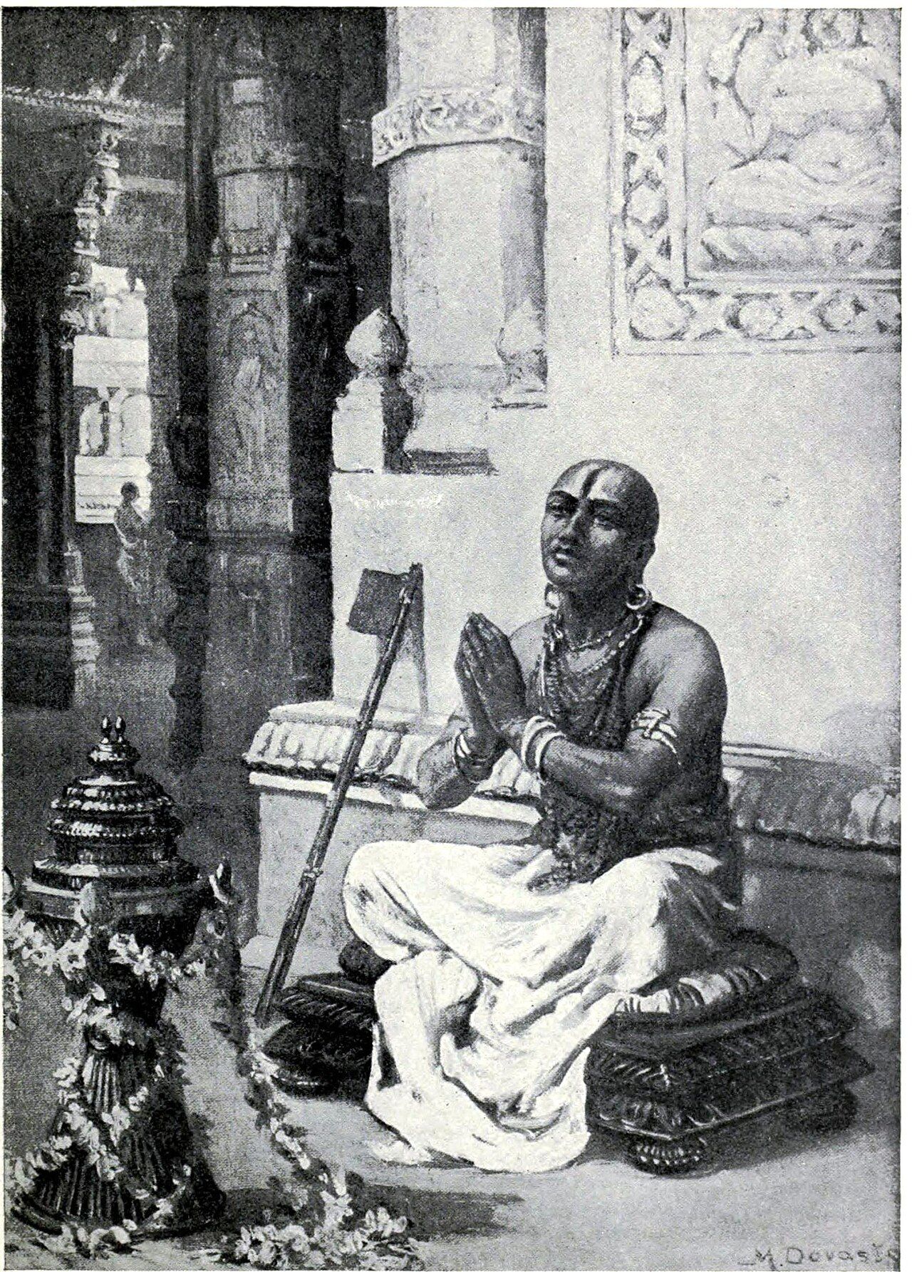 Illustration of a man seated cross-legged in a temple, hands joined in prayer