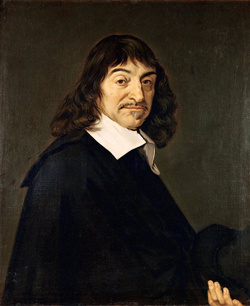 Portrait of a man with shoulder-length dark hair, a moustache and a white collar