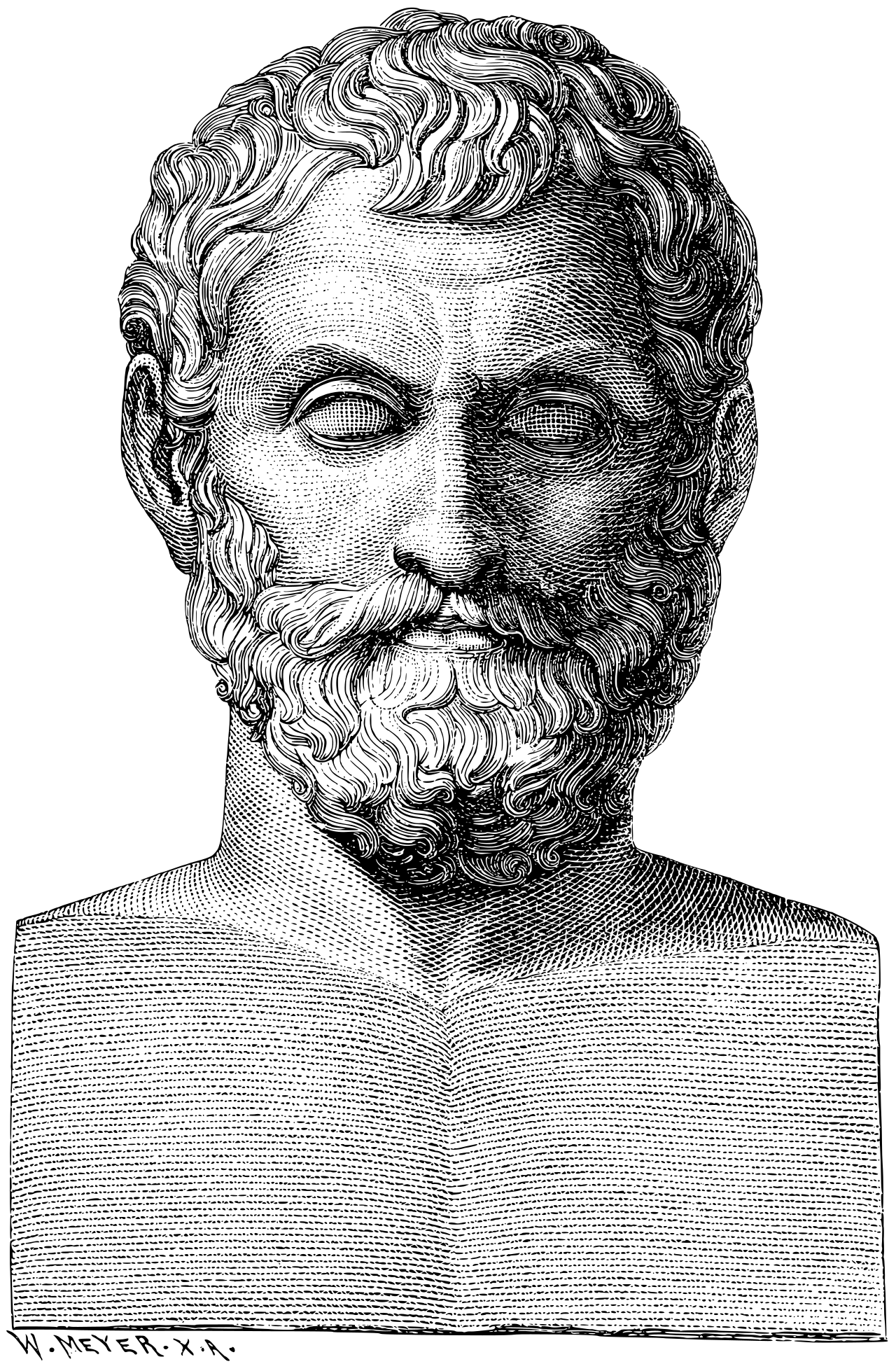 Engraving of the bust of a curly-haired, bearded man