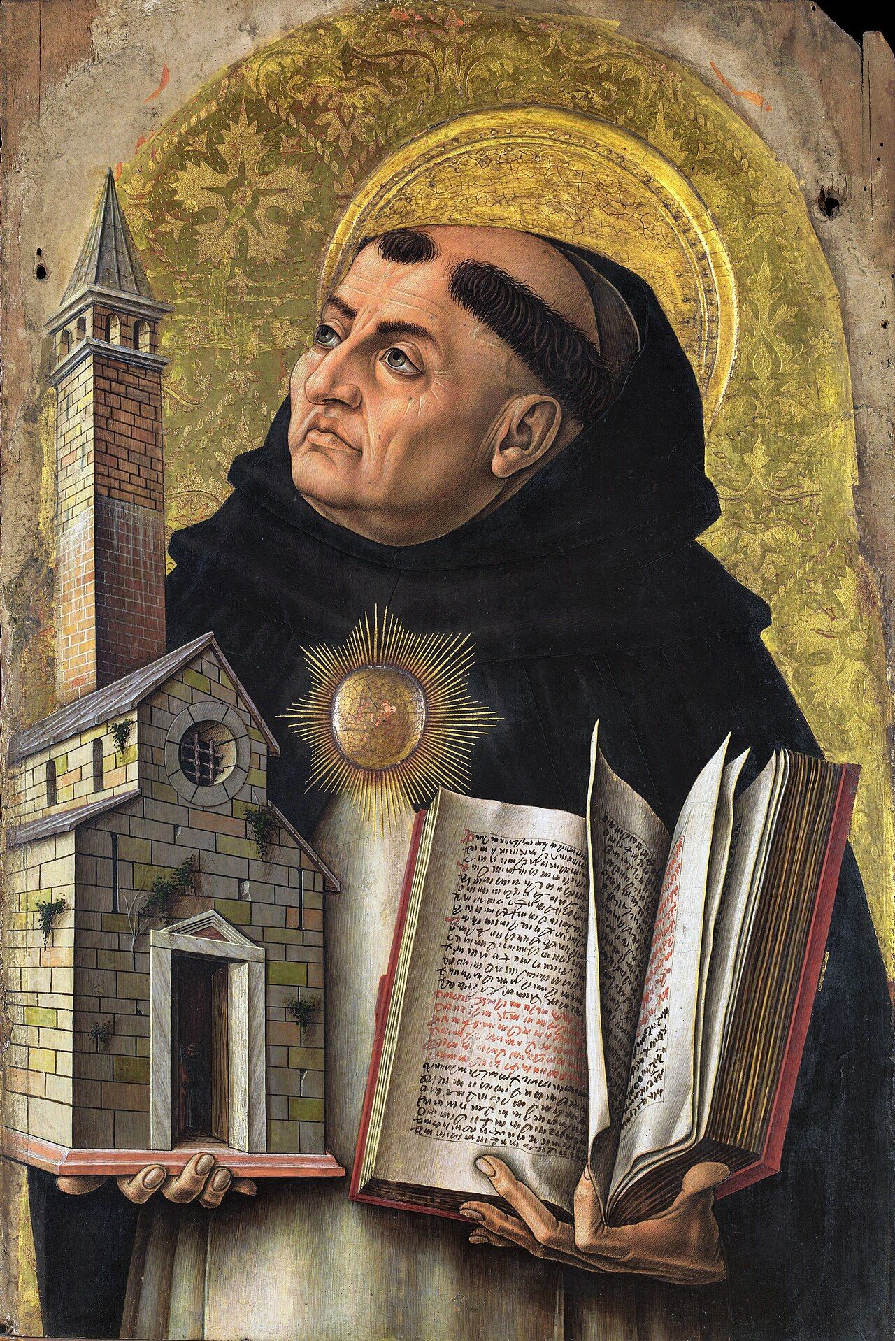 Painting of a tonsured friar with a gold halo, holding a model church and an open book