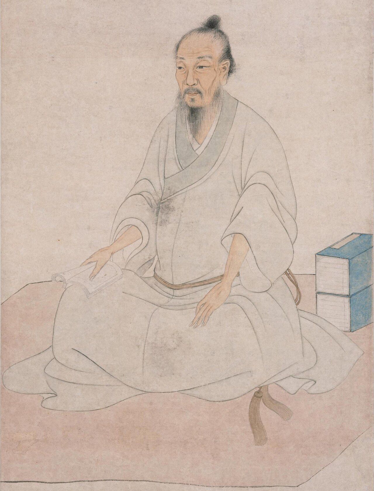 Ink portrait of a seated scholar in pale robes with a topknot