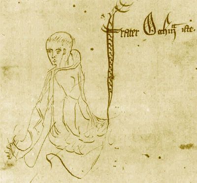 Faint pen sketch of a hooded friar, labelled in Latin