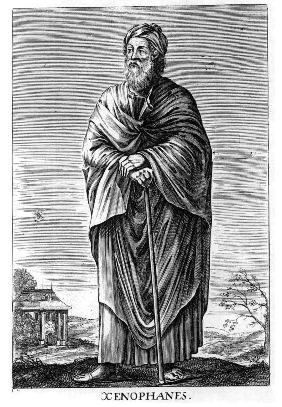 Engraving of a bearded old man in a turban and a long cloak, leaning on a staff