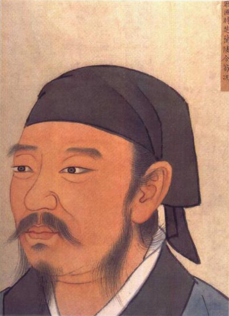 Painted portrait of a man with a moustache and a thin beard, wearing a dark cap