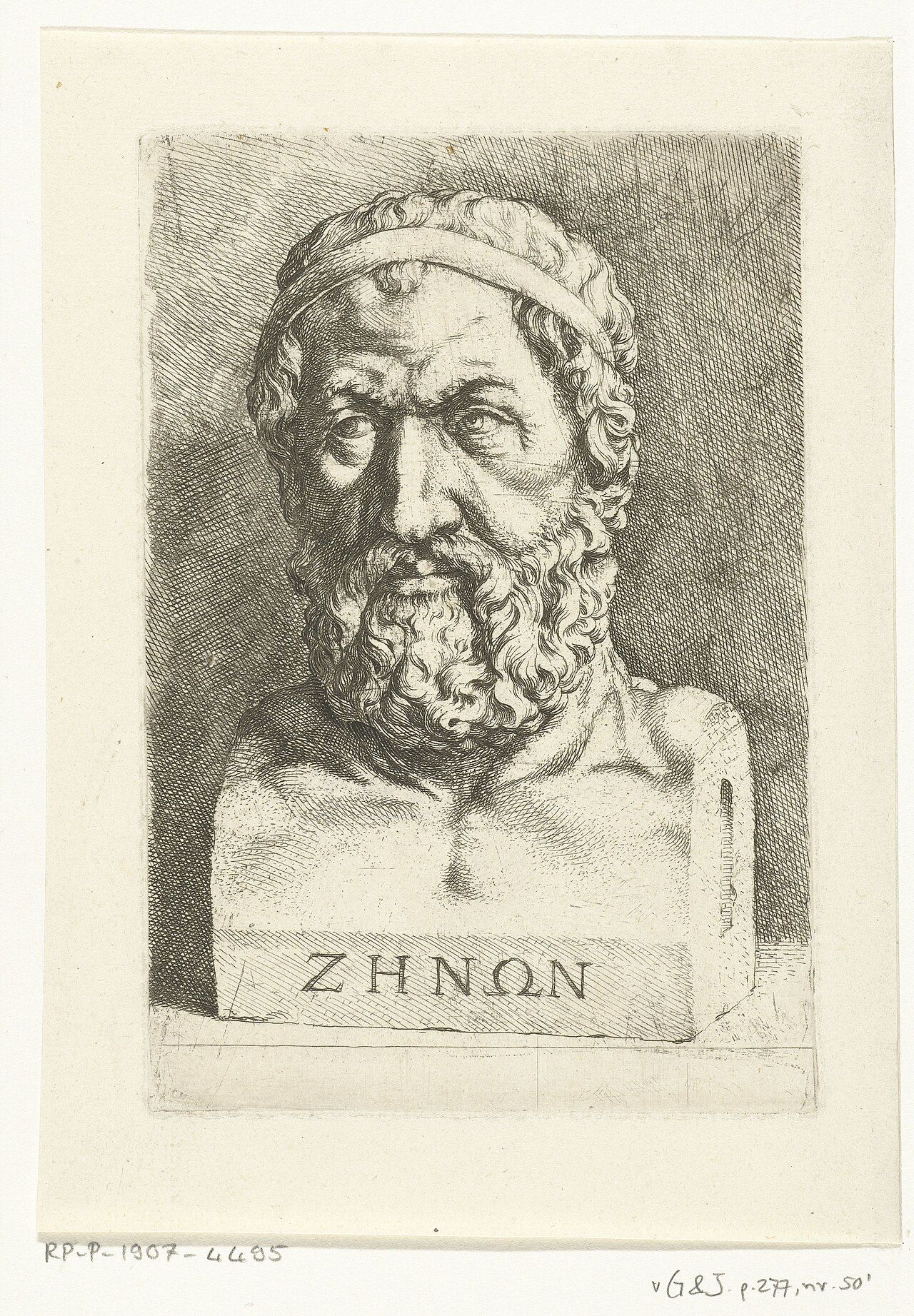 Etching of an ancient marble bust of a bearded man with a headband, inscribed ZHNΩN