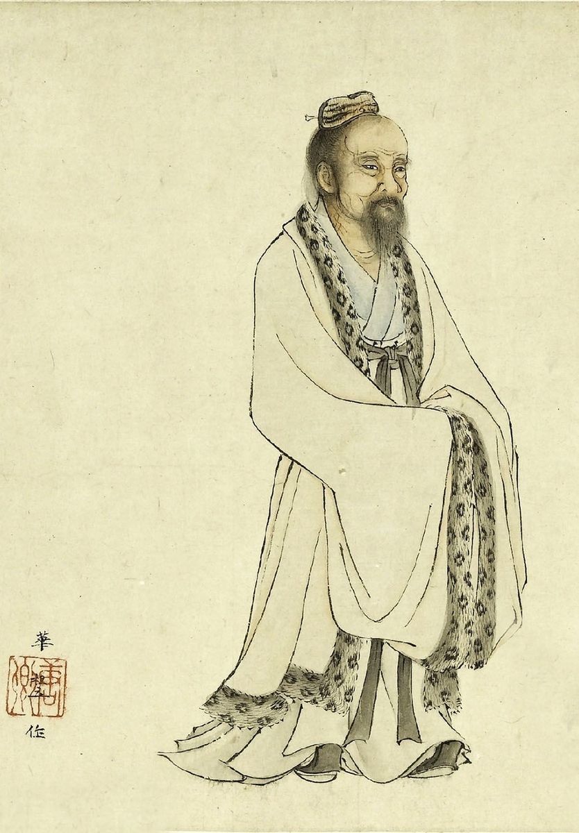 Ink painting of a standing scholar in long patterned robes